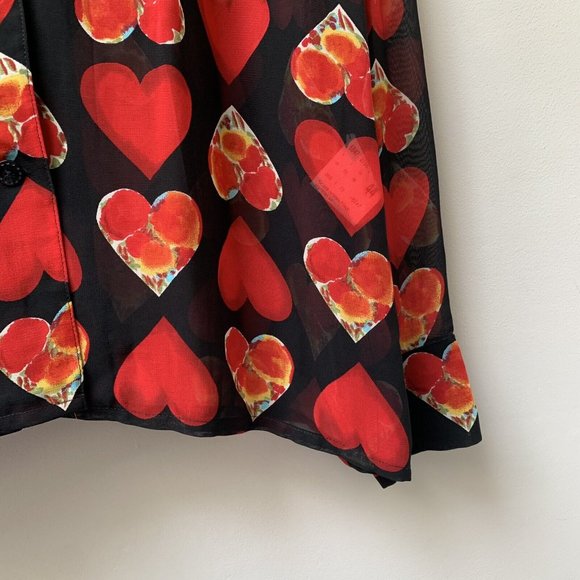 Vintage Sheer Betty Barclay Blouse Shirt Fit UK 14 Heart Pattern Black Red *Mend - Picture 6 of 11